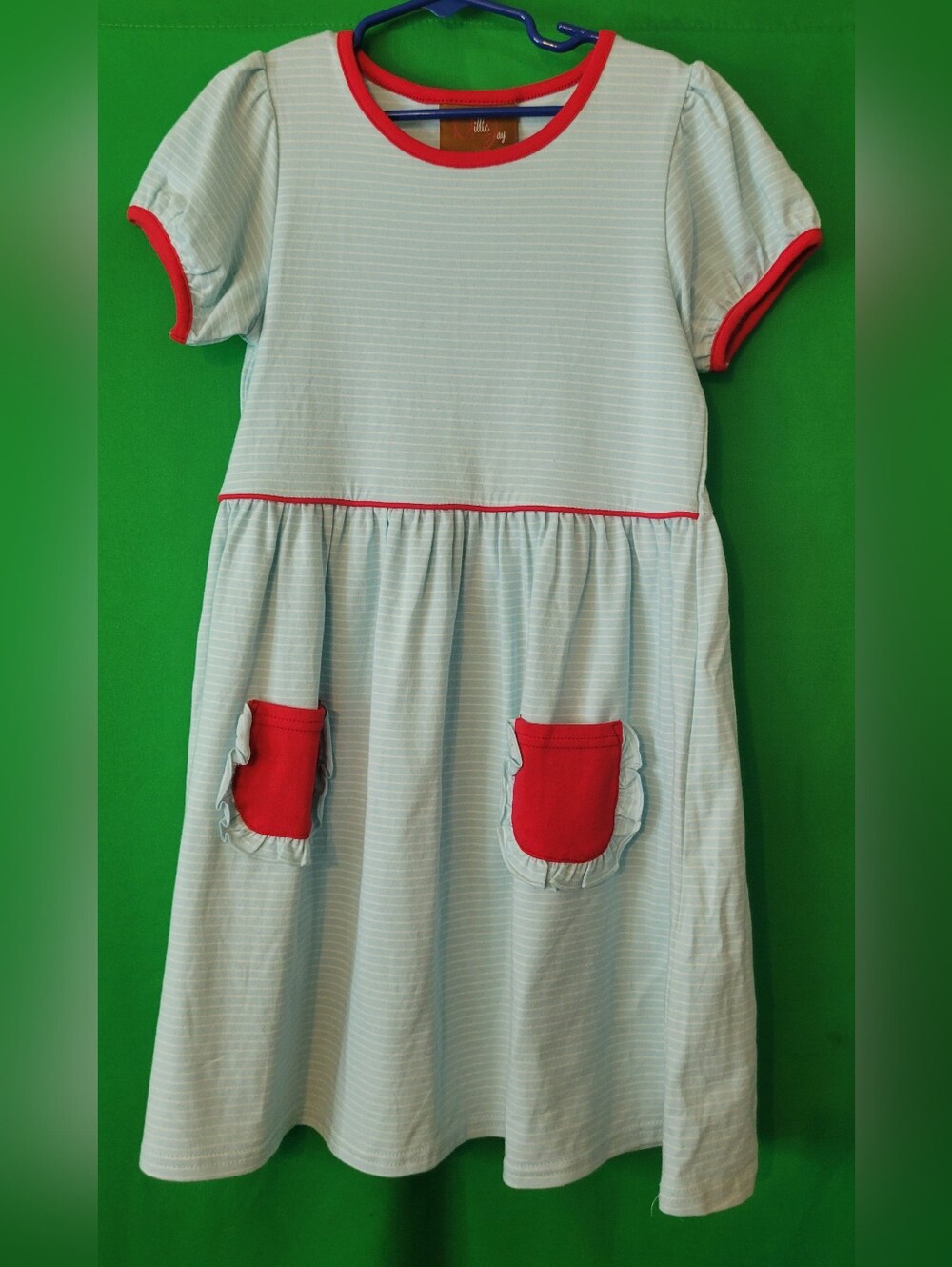 Millie Jay Knit Blue Stripe Dress Red Trim Pockets Girls Sz 8 Boutique Reagan